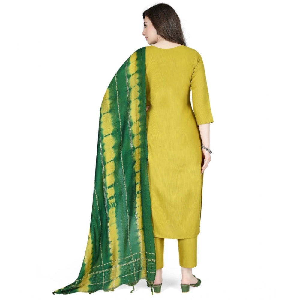 Amfyn Women's Cotton Blend Embroidered 3-4 th Sleeve Round Neck Kurti With Pant Dupatta Set (Yellow)