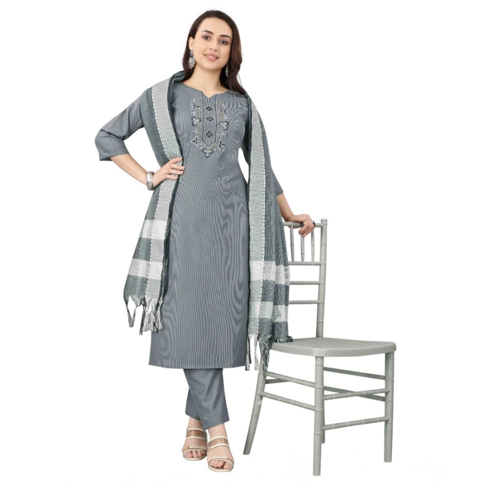 Amfyn Women's Cotton Blend Mirror Work 3-4 th Sleeve Sweetheart Neck Kurti With Pant Dupatta Set (Grey)
