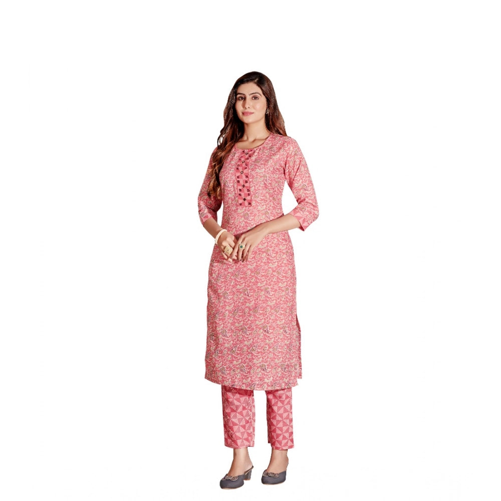 Amfyn Women's Cotton Blend Foil Print - Mirror Work 3-4 th Sleeve Round Neck Kurti With Pant Set (Pink)