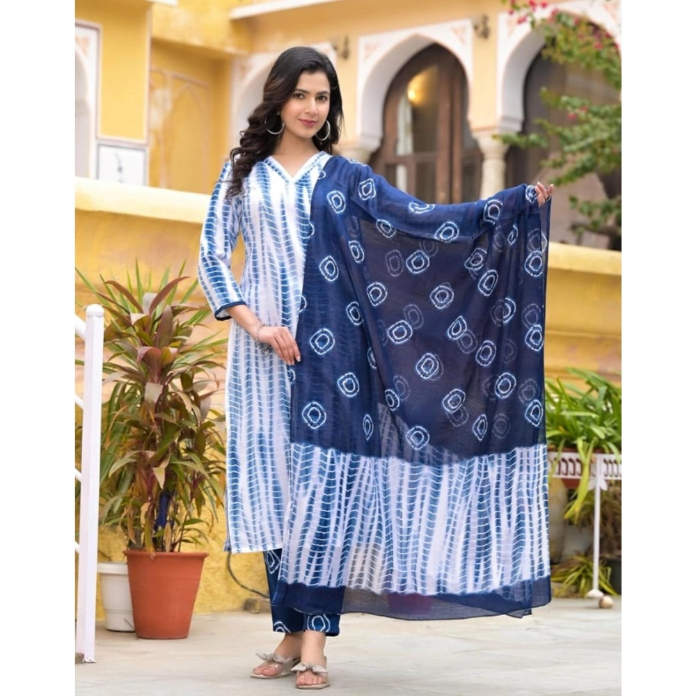 Amfyn Women's Cotton Printed 3-4 th Sleeve V Neck Kurti With Pant Dupatta Set (Blue)