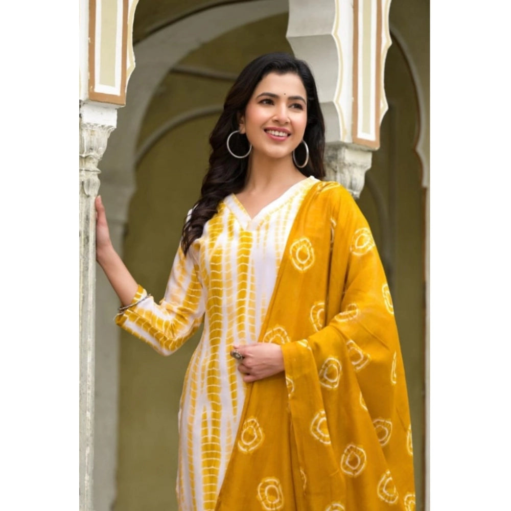 Amfyn Women's Cotton Printed 3-4 th Sleeve V Neck Kurti With Pant Dupatta Set (Yellow)