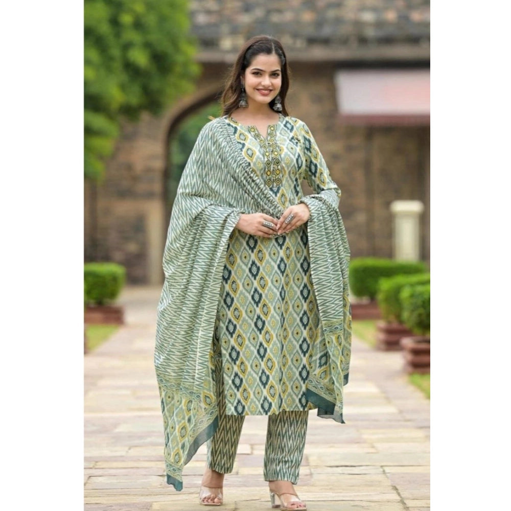 Amfyn Women's Cotton Printed 3-4 th Sleeve V Neck Kurti With Pant Dupatta Set (Green)