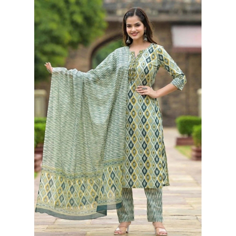 Amfyn Women's Cotton Printed 3-4 th Sleeve V Neck Kurti With Pant Dupatta Set (Green)