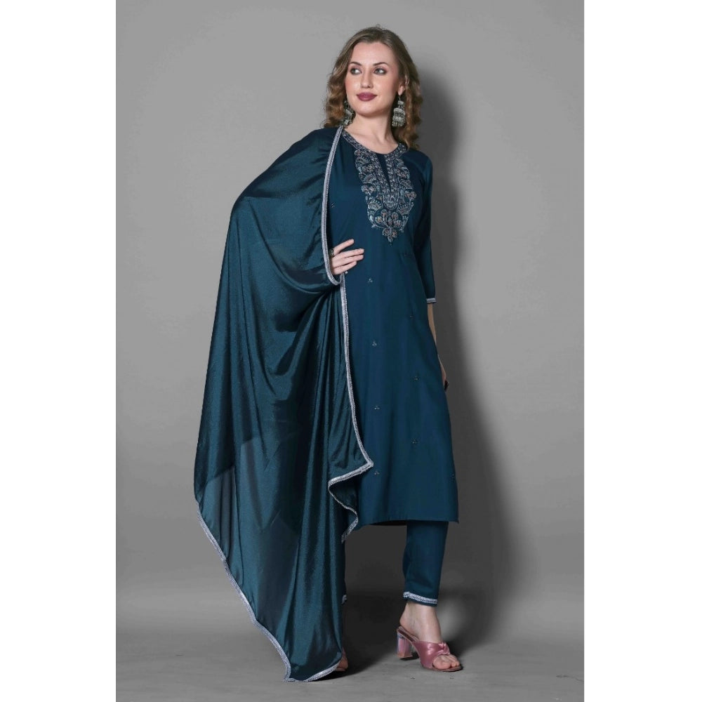 Amfyn Women's Silk Blend Embroidered 3-4 th Sleeve Round Neck Kurti With Pant Dupatta Set (Blue)