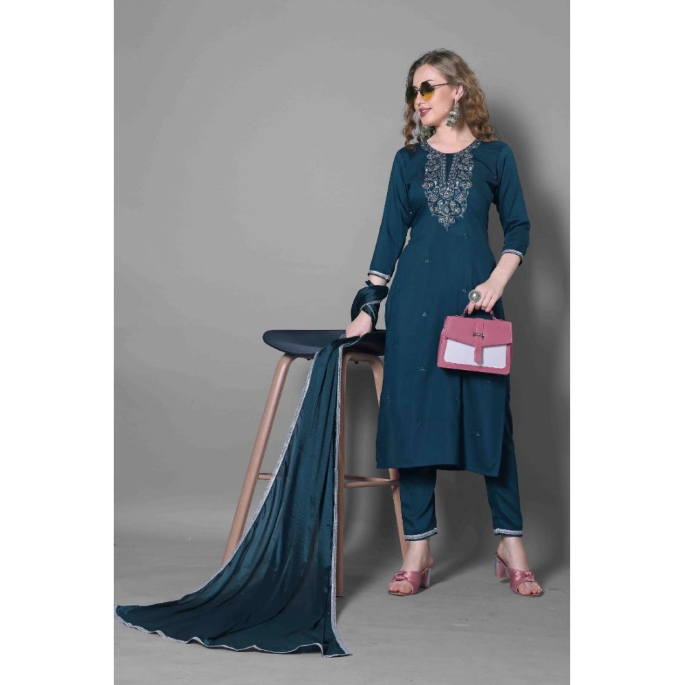 Amfyn Women's Silk Blend Embroidered 3-4 th Sleeve Round Neck Kurti With Pant Dupatta Set (Blue)