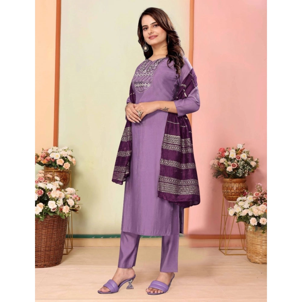 Amfyn Women's Silk Embroidered 3-4 th Sleeve Sweetheart Neck Kurti With Pant Dupatta Set (Lavender)