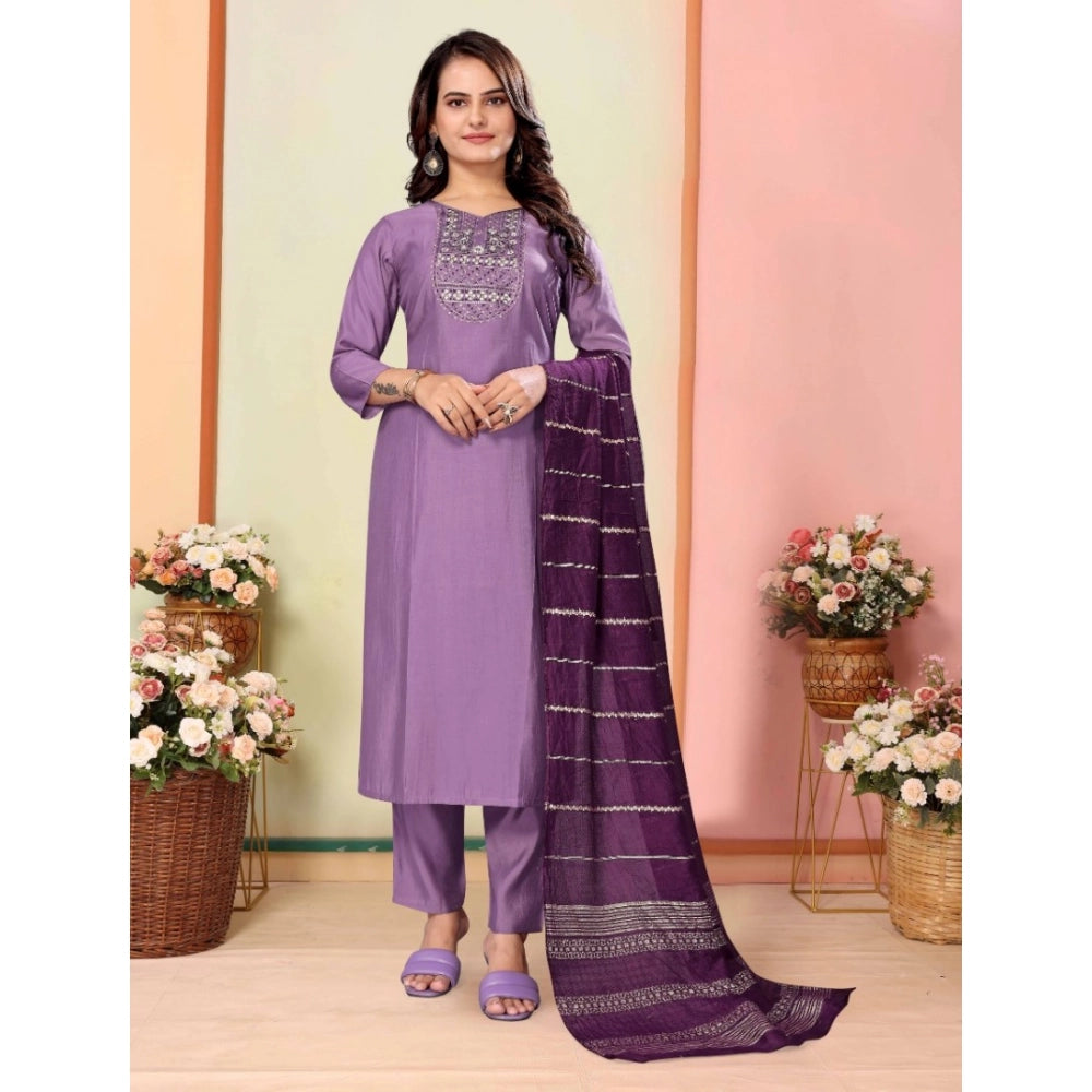 Amfyn Women's Silk Embroidered 3-4 th Sleeve Sweetheart Neck Kurti With Pant Dupatta Set (Lavender)