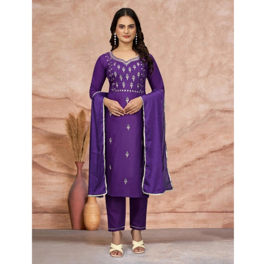 Amfyn Women's Cotton Blend Embroidered 3-4 th Sleeve Sweetheart Neck Kurti With Pant Dupatta Set (Purple )