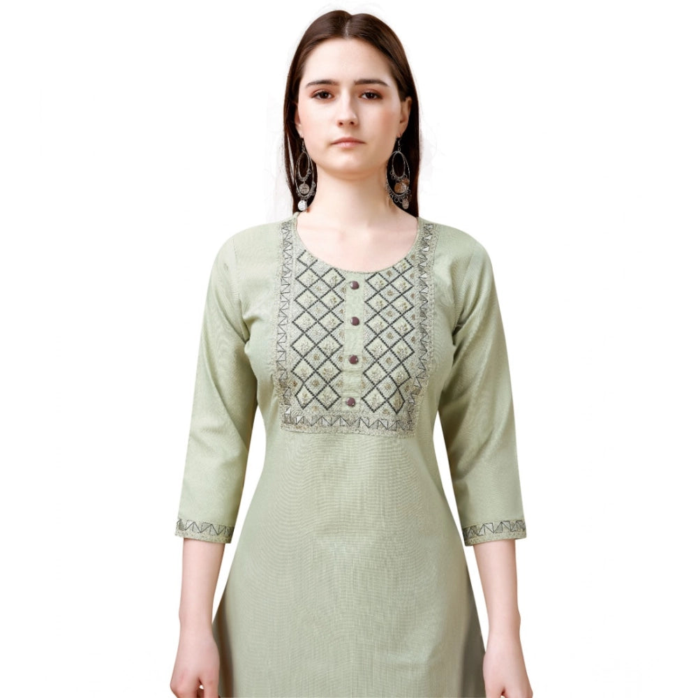 Amfyn Women's Cotton Blend Embroidered 3-4 th Sleeve Round Neck Kurti With Pant Dupatta Set (Light Green)