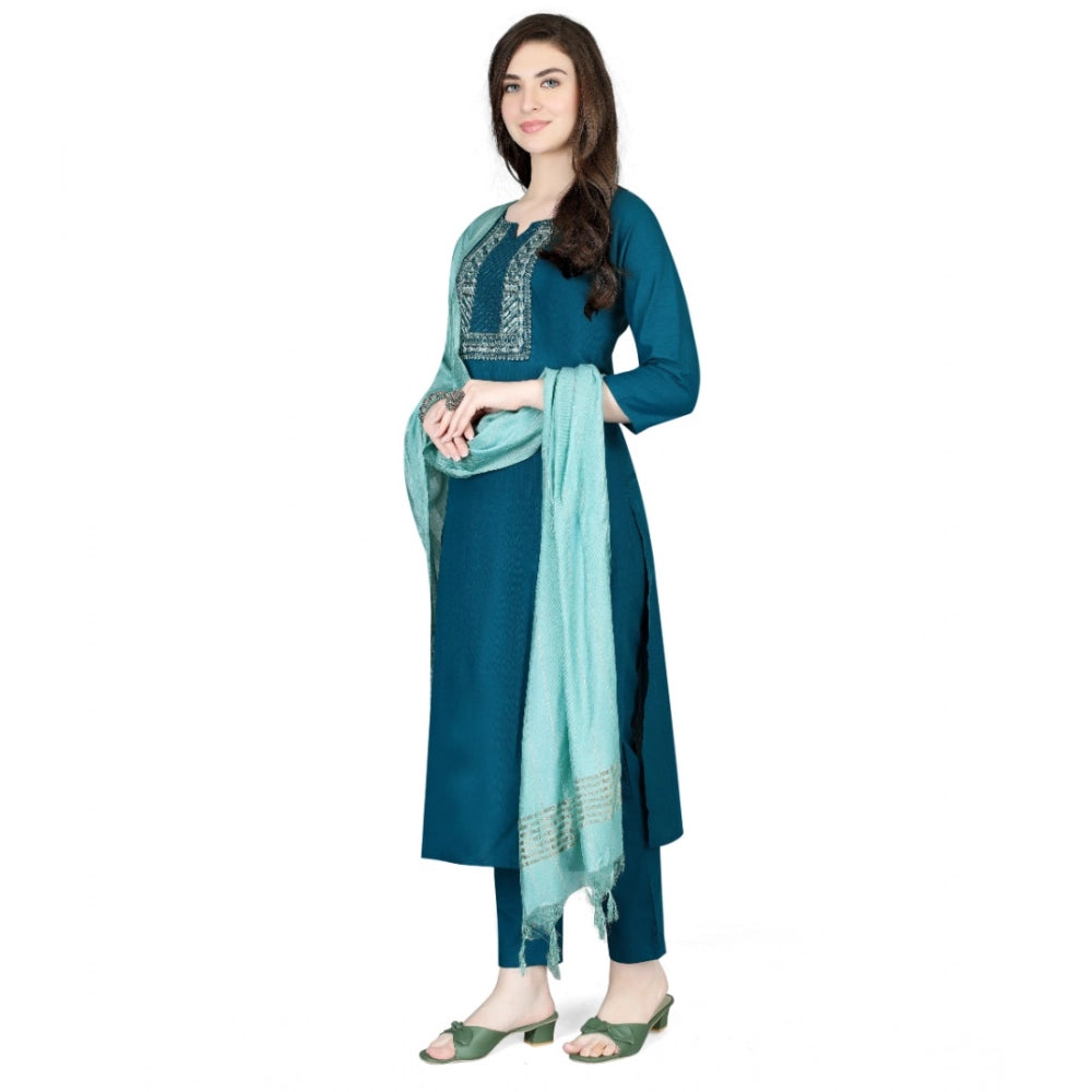 Amfyn Women's Cotton Blend Embroidered 3-4 th Sleeve V Neck Kurti With Pant Dupatta Set (Indigo)