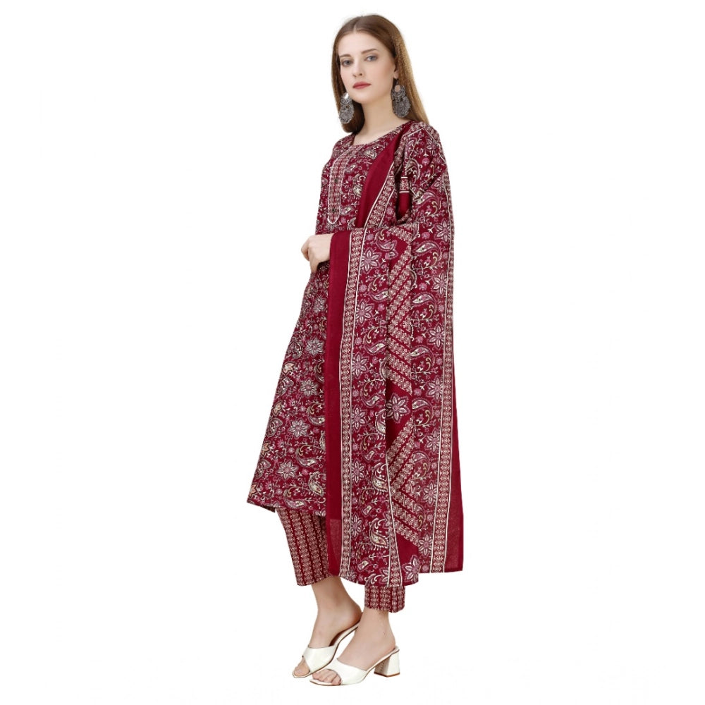 Amfyn Women's Cotton Blend Printed 3-4 th Sleeve Round Neck Kurti With Pant Dupatta Set (Maroon)