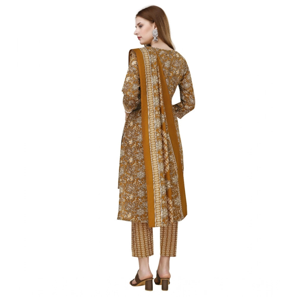 Amfyn Women's Cotton Blend Printed 3-4 th Sleeve Round Neck Kurti With Pant Dupatta Set (Yellow)