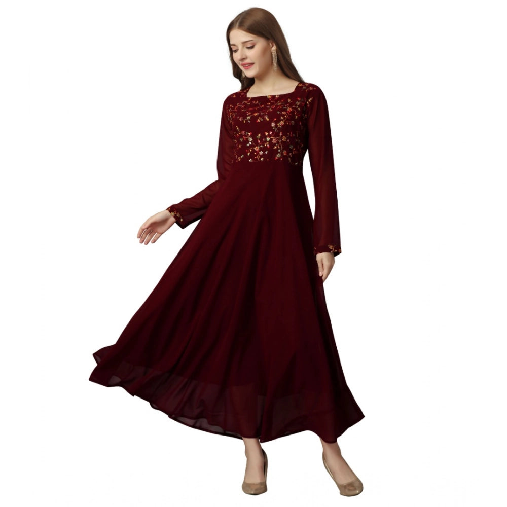 Amfyn Women's Georgette Embroidered Full Sleeve Round Neck Gown (Maroon)