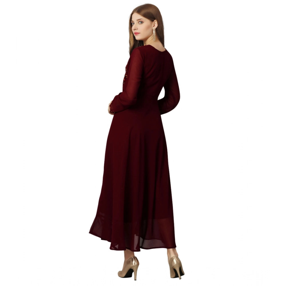 Amfyn Women's Georgette Embroidered Full Sleeve Round Neck Gown (Maroon)