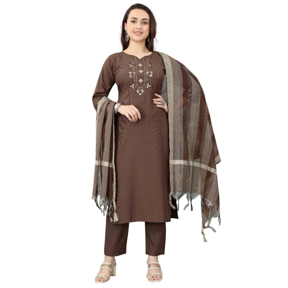 Amfyn Women's Cotton Blend Mirror Work 3-4 th Sleeve Sweetheart Neck Kurti With Pant Dupatta Set (Brown)
