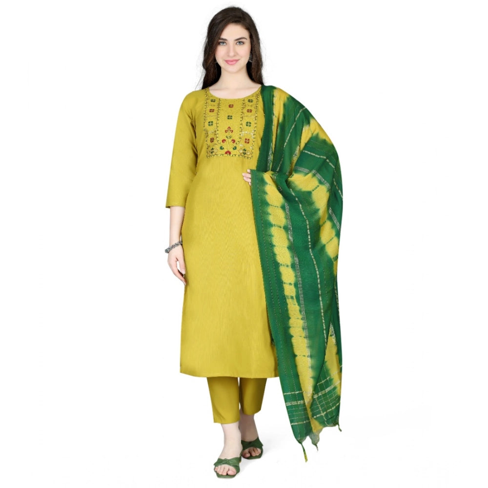 Amfyn Women's Cotton Blend Embroidered 3-4 th Sleeve Round Neck Kurti With Pant Dupatta Set (Yellow)