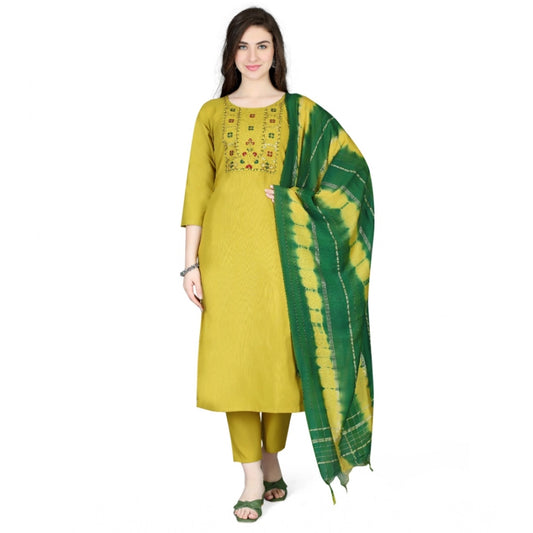 Amfyn Women's Cotton Blend Embroidered 3-4 th Sleeve Round Neck Kurti With Pant Dupatta Set (Yellow)