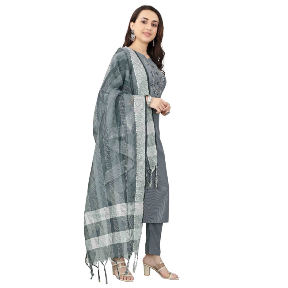 Amfyn Women's Cotton Blend Mirror Work 3-4 th Sleeve Sweetheart Neck Kurti With Pant Dupatta Set (Grey)