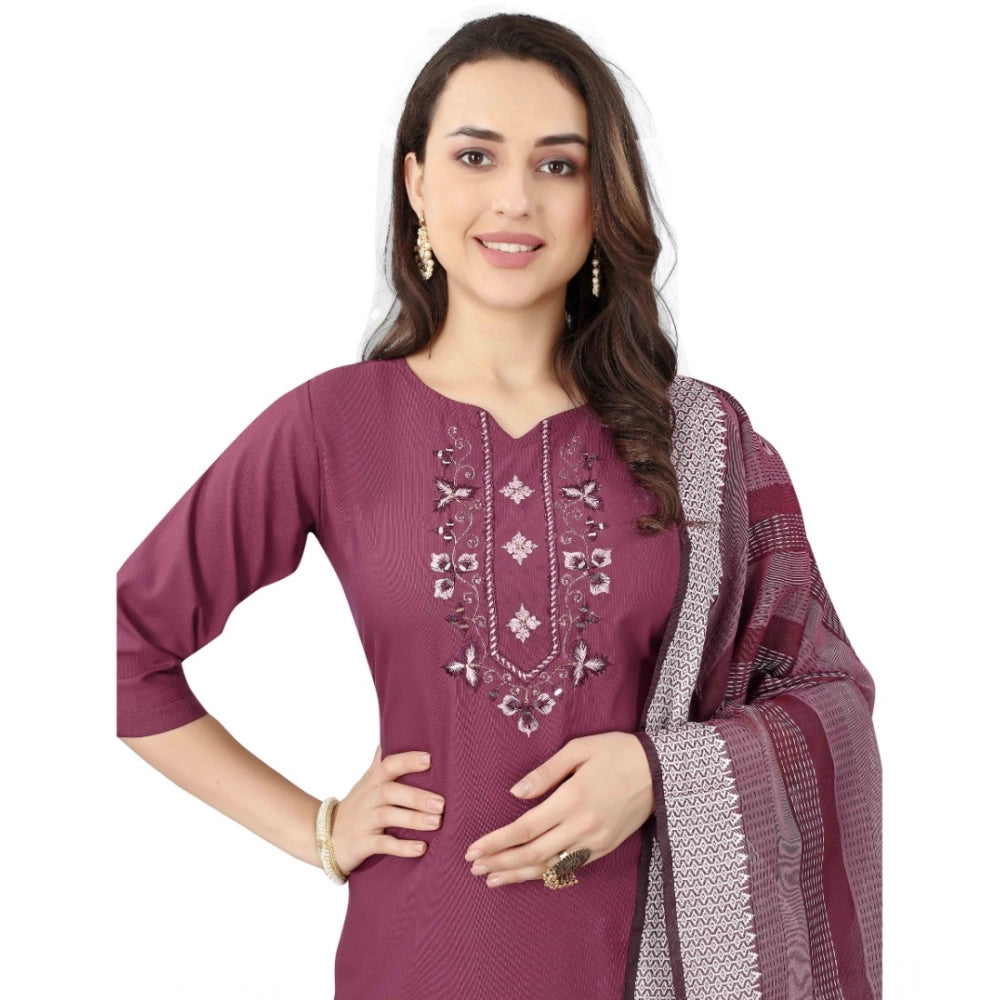 Amfyn Women's Cotton Blend Mirror Work 3-4 th Sleeve Sweetheart Neck Kurti With Pant Dupatta Set (Purple)