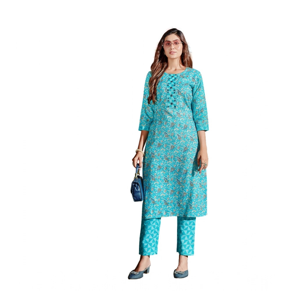 Amfyn Women's Cotton Blend Foil Print - Mirror Work 3-4 th Sleeve Round Neck Kurti With Pant Set (Green)