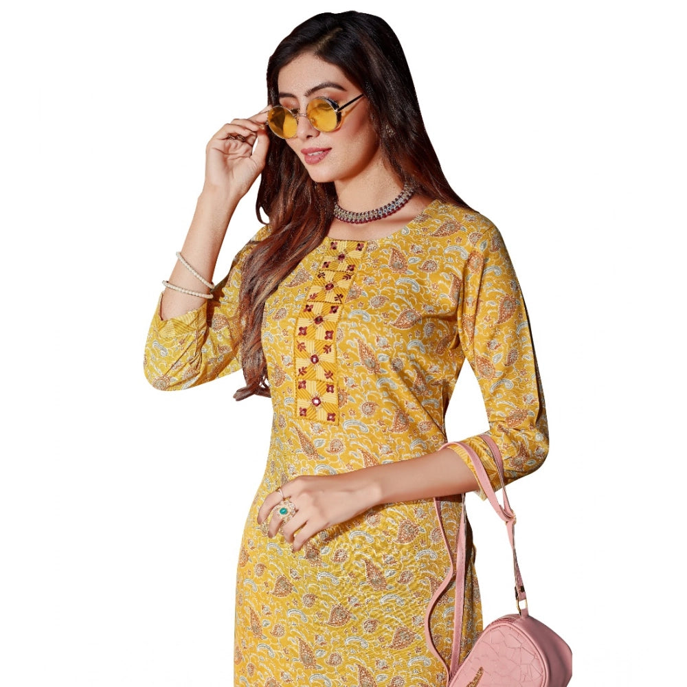Amfyn Women's Cotton Blend Foil Print - Mirror Work 3-4 th Sleeve Round Neck Kurti With Pant Set (Mustard)