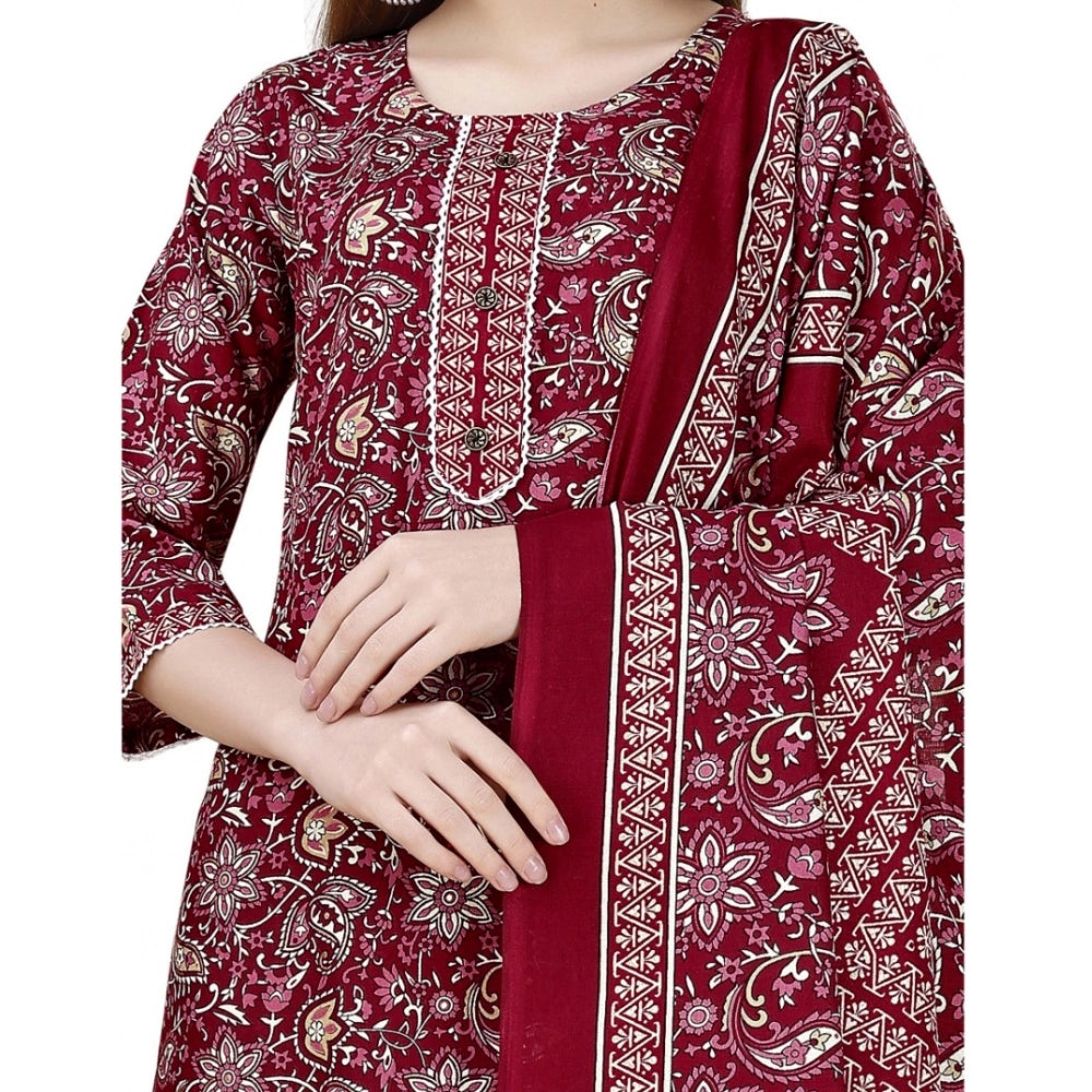 Amfyn Women's Cotton Blend Printed 3-4 th Sleeve Round Neck Kurti With Pant Dupatta Set (Maroon)