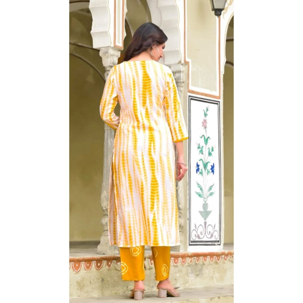 Amfyn Women's Cotton Printed 3-4 th Sleeve V Neck Kurti With Pant Dupatta Set (Yellow)
