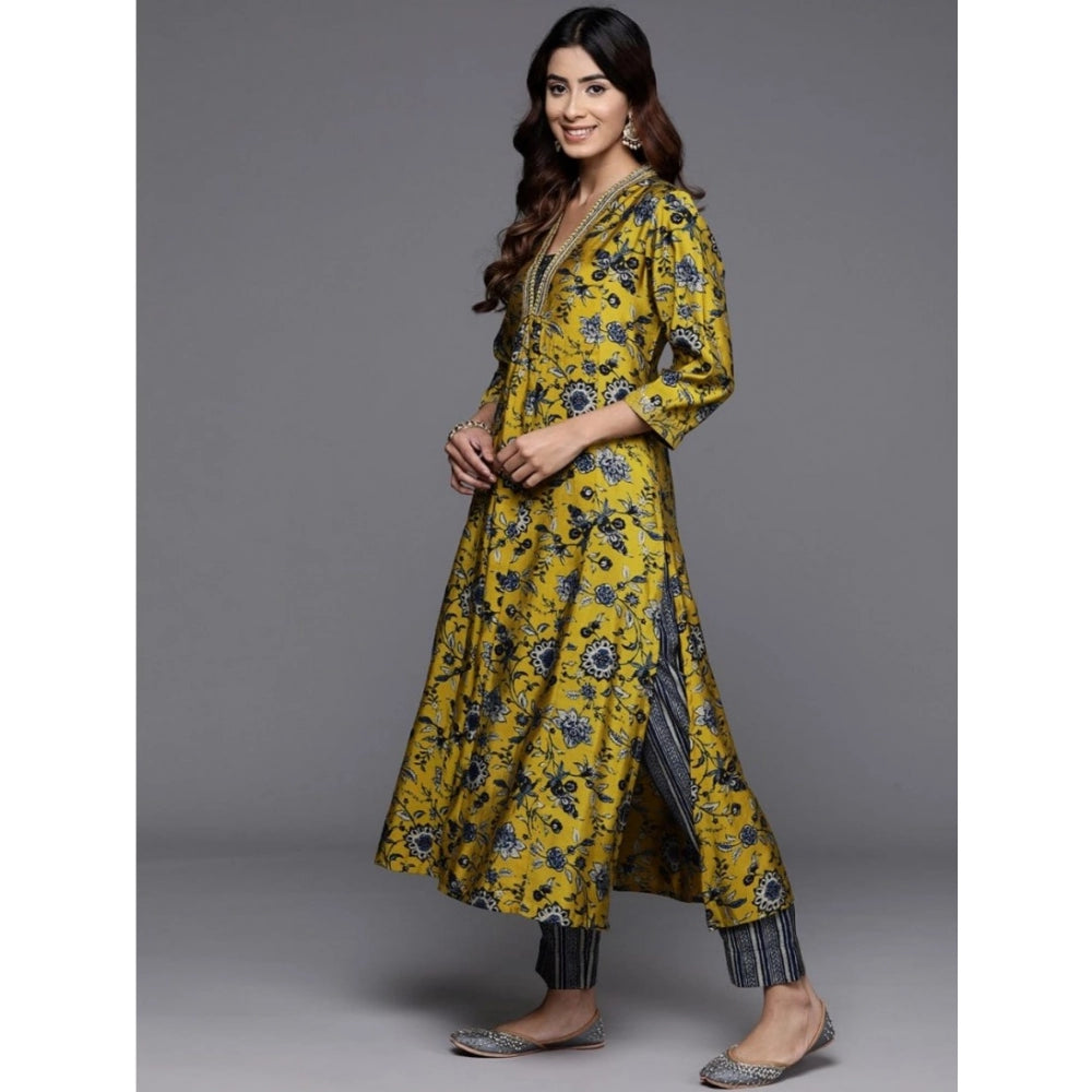 Amfyn Women's Cotton Blend Printed 3-4 th Sleeve V Neck Kurti With Pant Dupatta Set (Yellow)