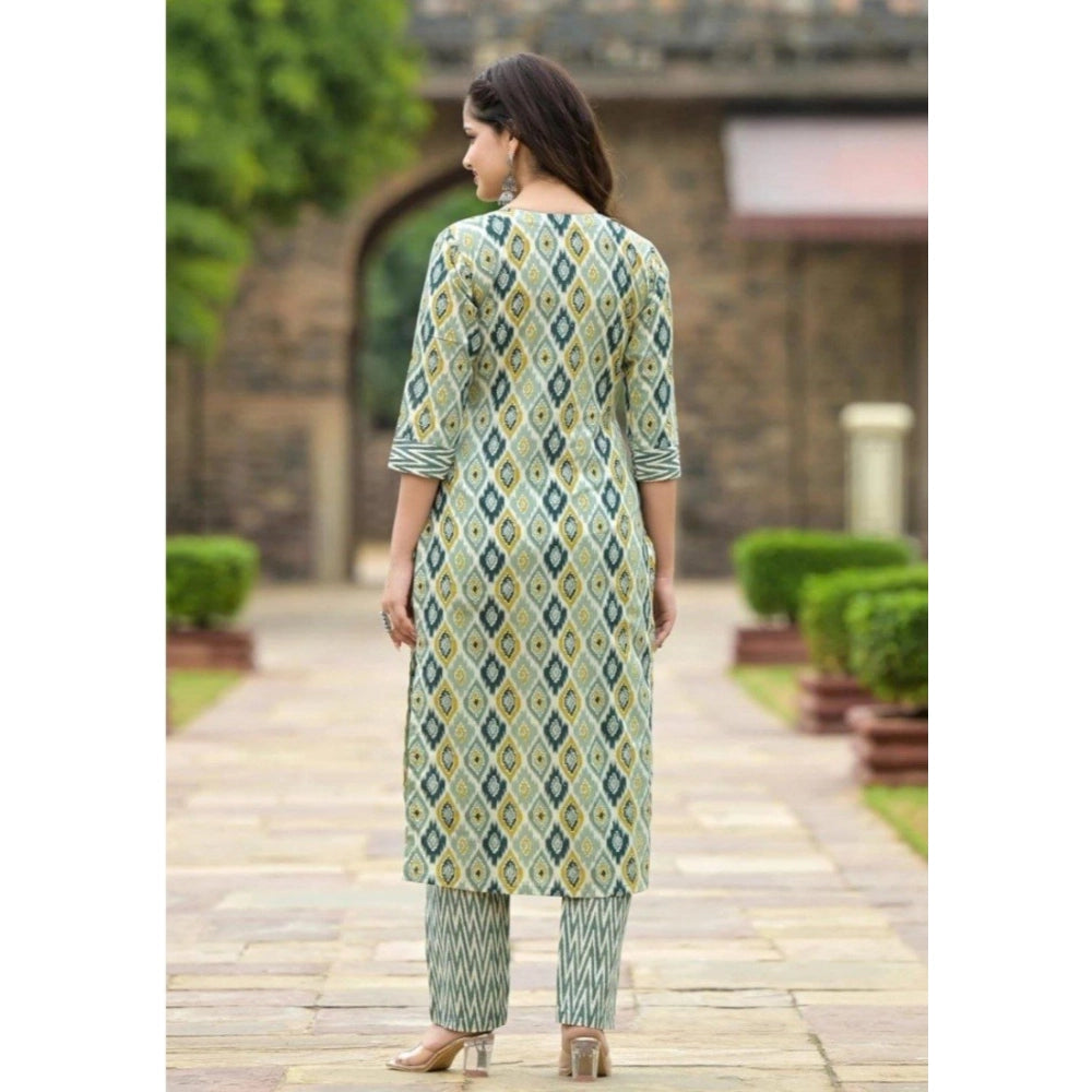 Amfyn Women's Cotton Printed 3-4 th Sleeve V Neck Kurti With Pant Dupatta Set (Green)