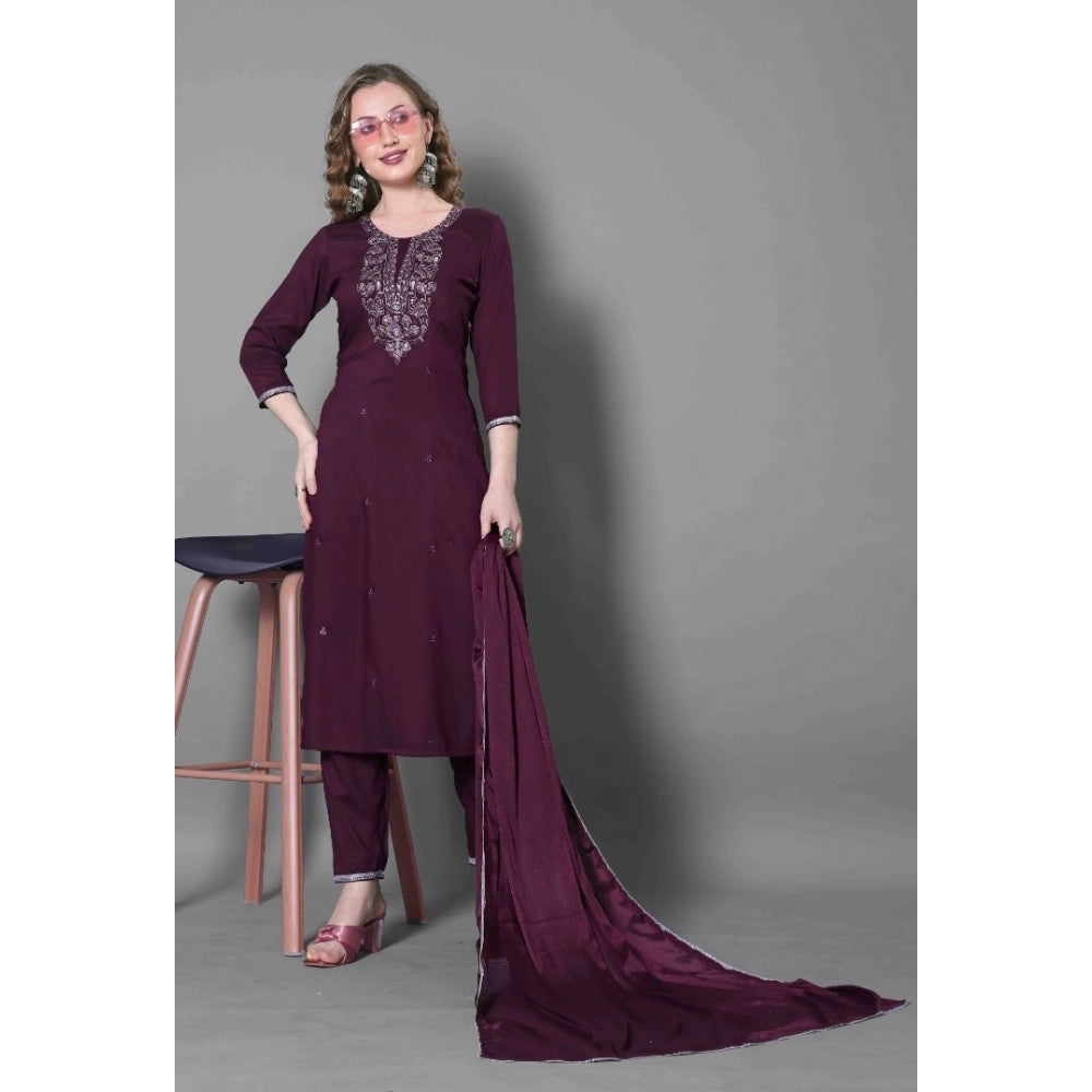 Amfyn Women's Silk Blend Embroidered 3-4 th Sleeve Round Neck Kurti With Pant Dupatta Set (Purple)