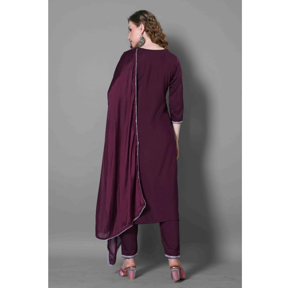 Amfyn Women's Silk Blend Embroidered 3-4 th Sleeve Round Neck Kurti With Pant Dupatta Set (Purple)