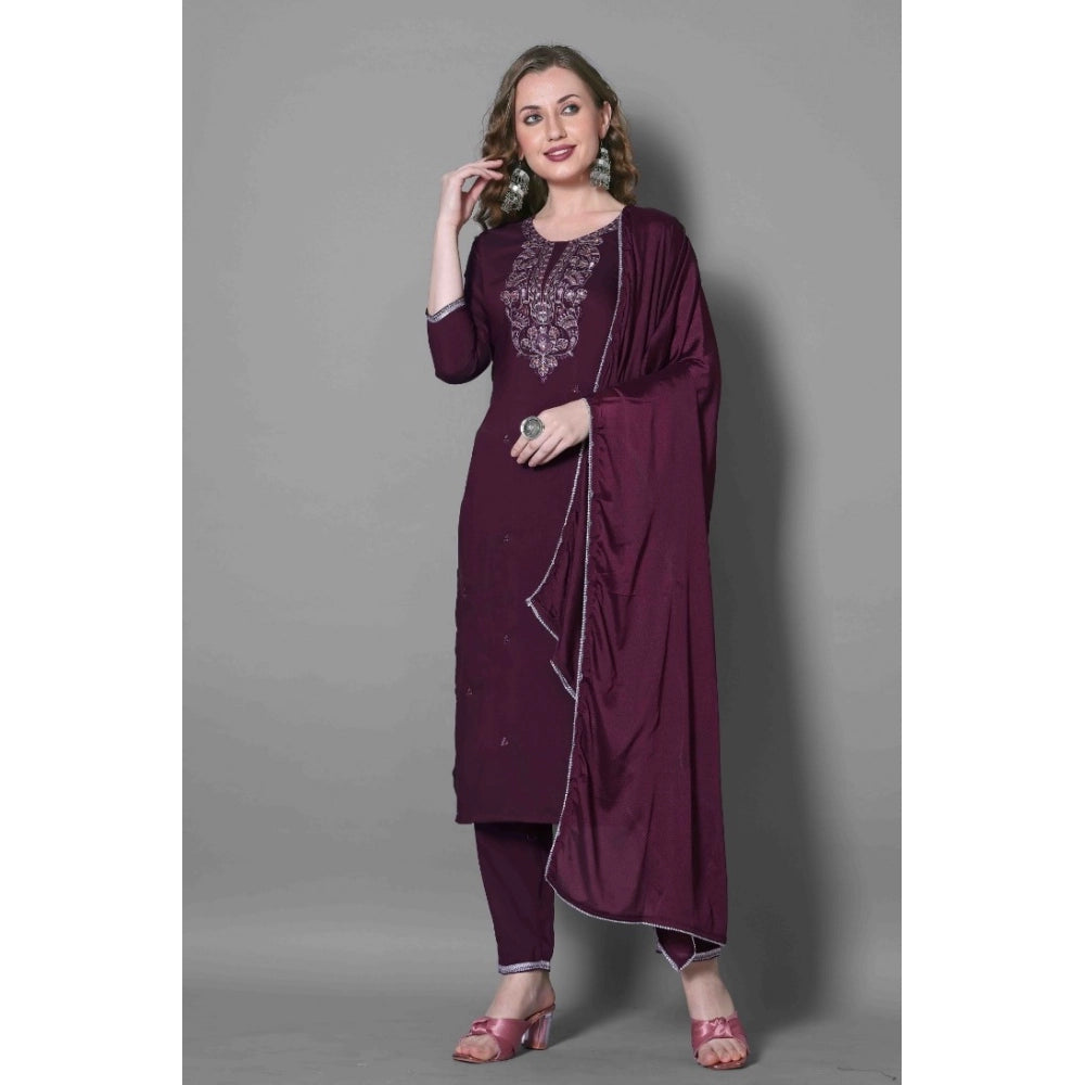 Amfyn Women's Silk Blend Embroidered 3-4 th Sleeve Round Neck Kurti With Pant Dupatta Set (Purple)