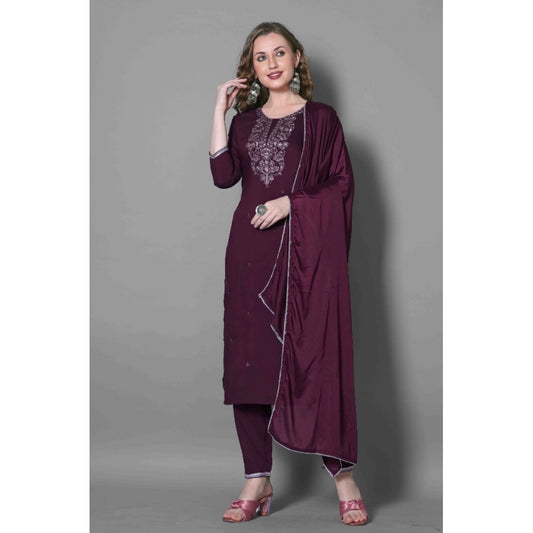 Amfyn Women's Silk Blend Embroidered 3-4 th Sleeve Round Neck Kurti With Pant Dupatta Set (Purple)