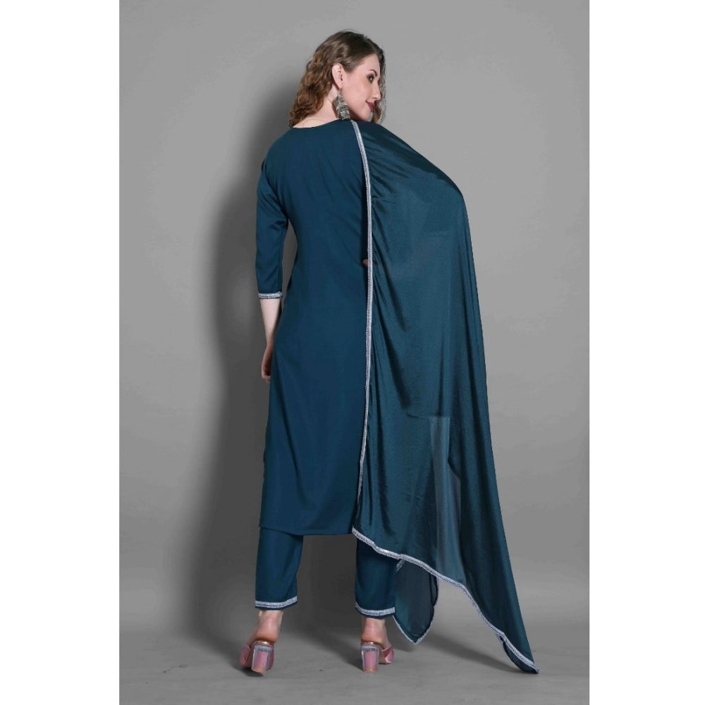 Amfyn Women's Silk Blend Embroidered 3-4 th Sleeve Round Neck Kurti With Pant Dupatta Set (Blue)