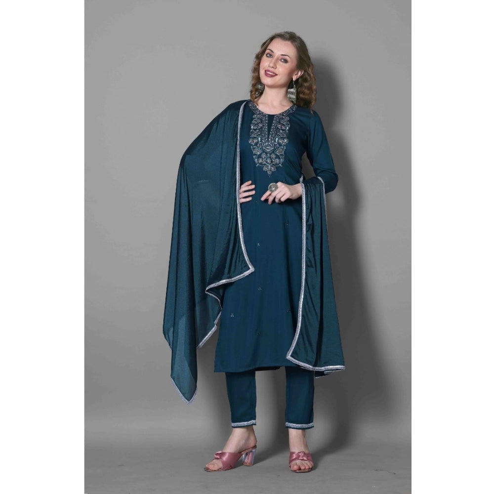 Amfyn Women's Silk Blend Embroidered 3-4 th Sleeve Round Neck Kurti With Pant Dupatta Set (Blue)