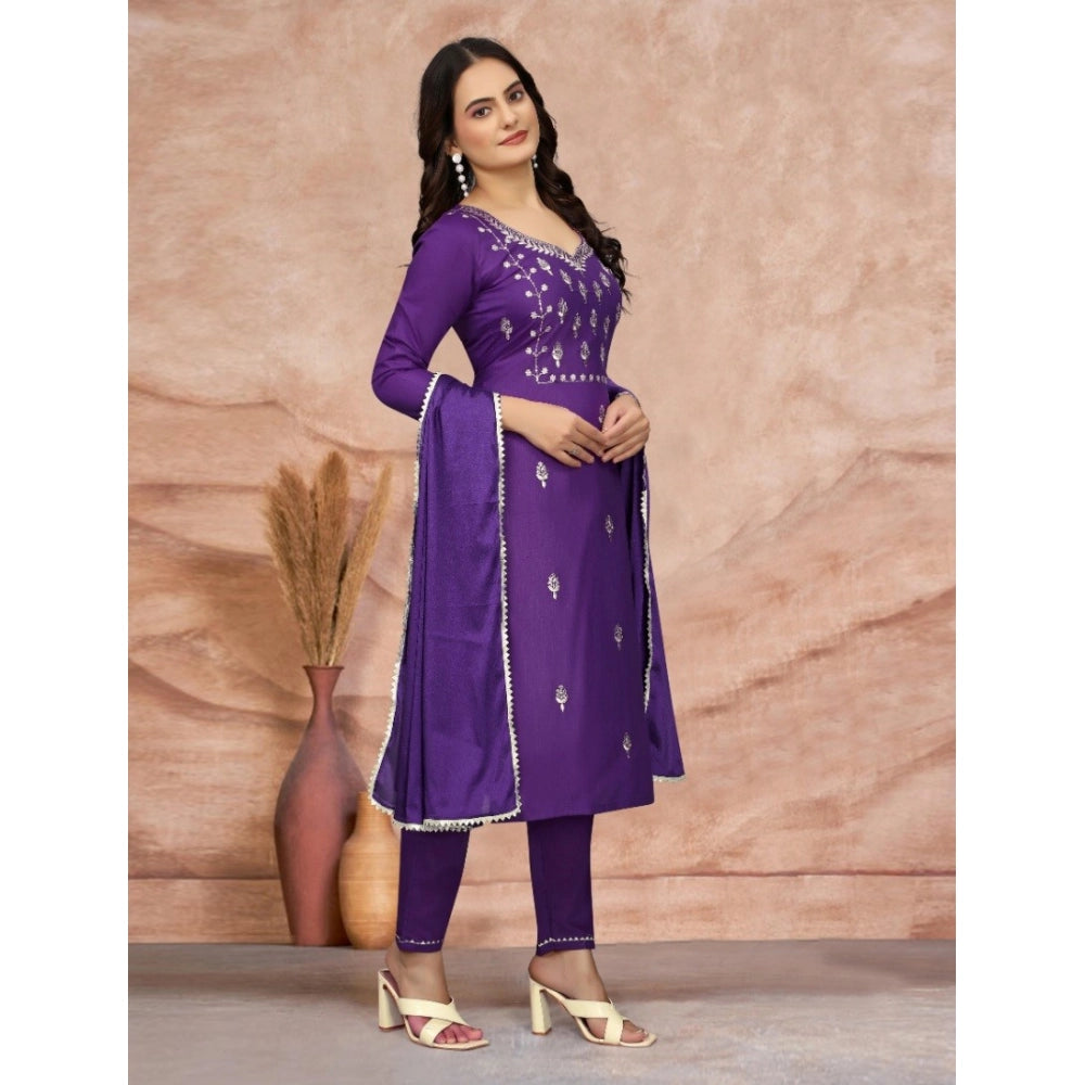 Amfyn Women's Cotton Blend Embroidered 3-4 th Sleeve Sweetheart Neck Kurti With Pant Dupatta Set (Purple )