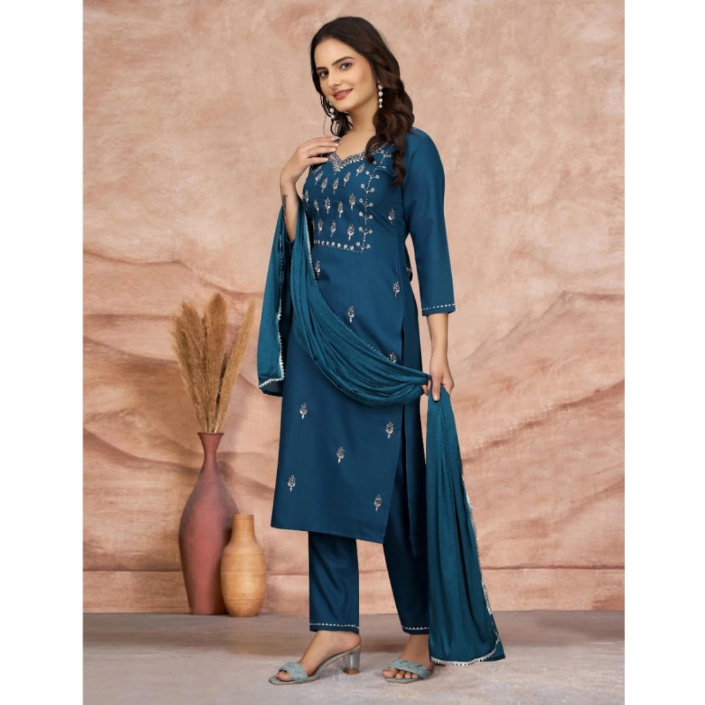 Amfyn Women's Cotton Blend Embroidered 3-4 th Sleeve Sweetheart Neck Kurti With Pant Dupatta Set (Blue)