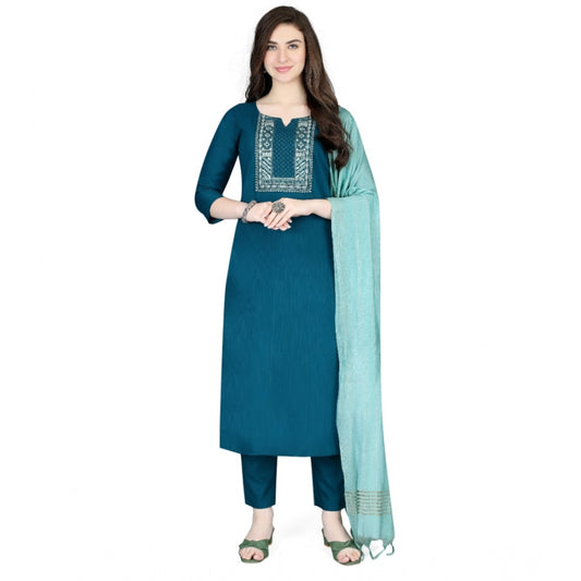 Amfyn Women's Cotton Blend Embroidered 3-4 th Sleeve V Neck Kurti With Pant Dupatta Set (Indigo)