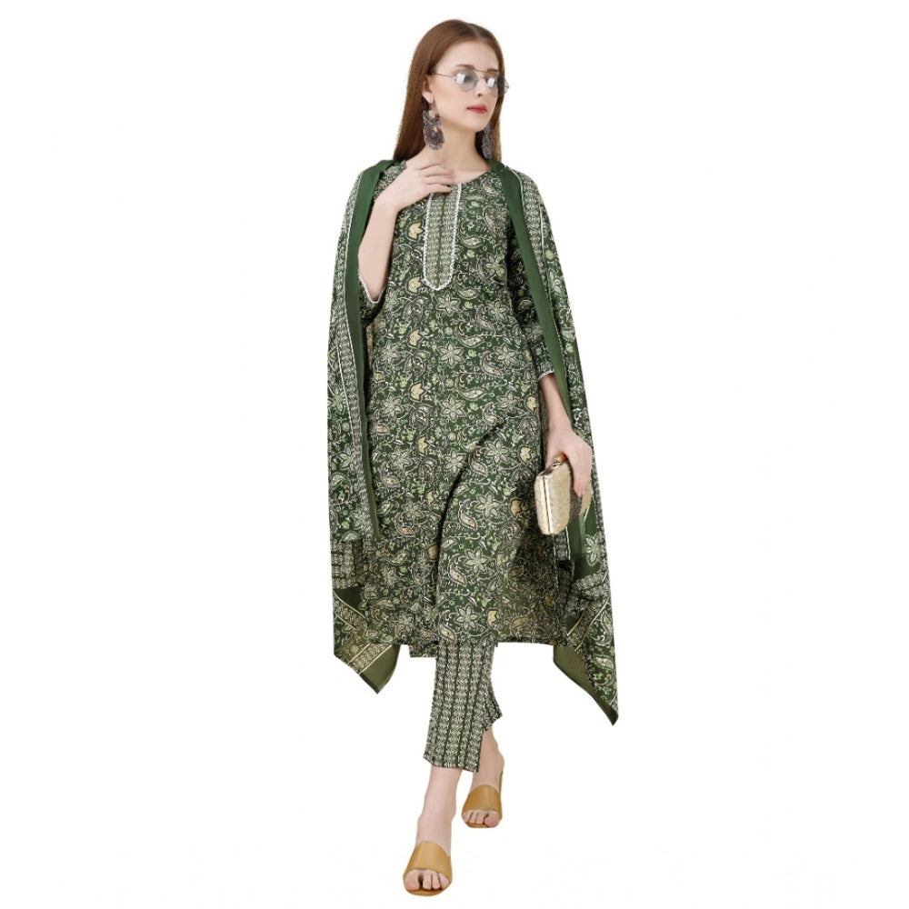 Amfyn Women's Cotton Blend Printed 3-4 th Sleeve Round Neck Kurti With Pant Dupatta Set (Green)