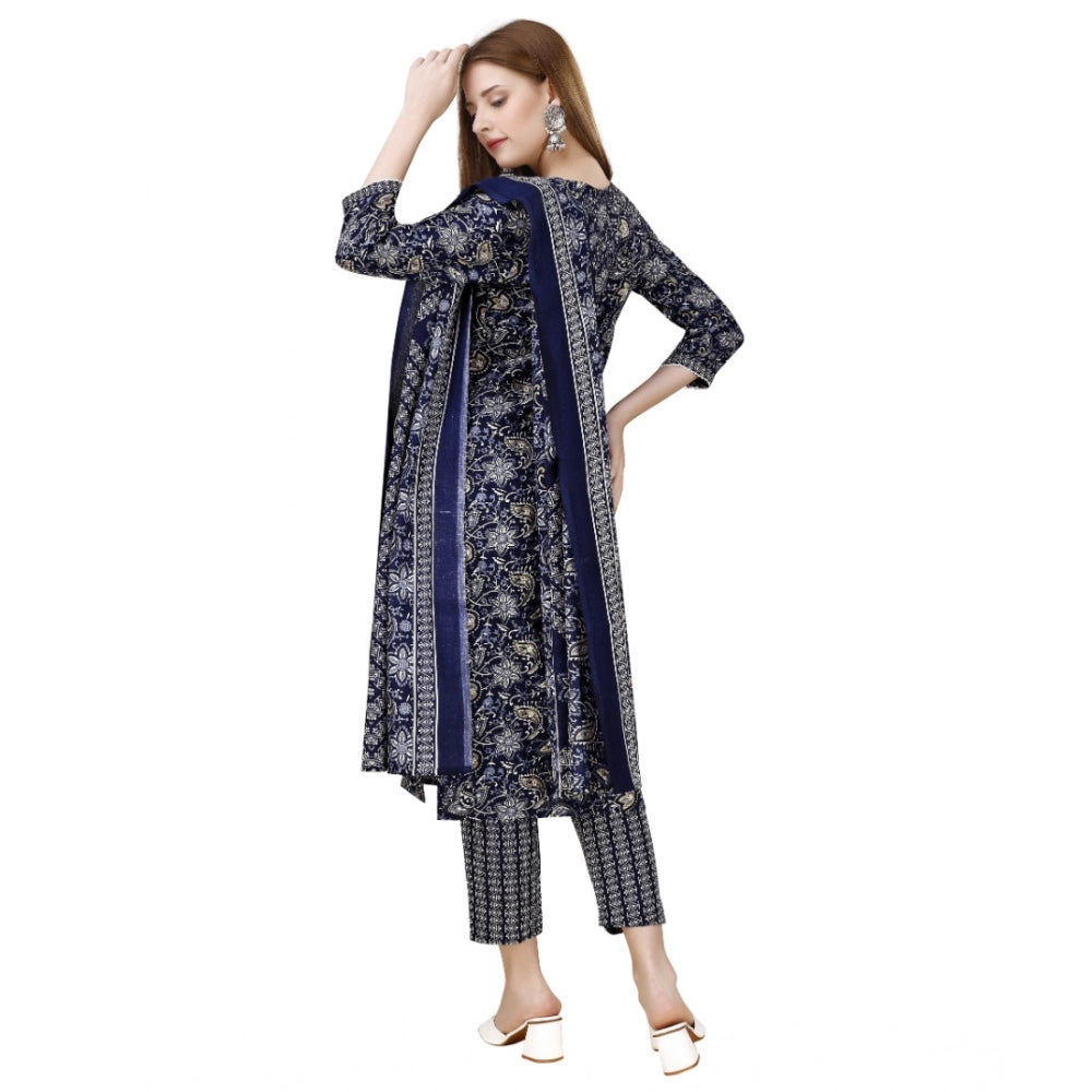 Amfyn Women's Cotton Blend Printed 3-4 th Sleeve Round Neck Kurti With Pant Dupatta Set (Navy Blue)