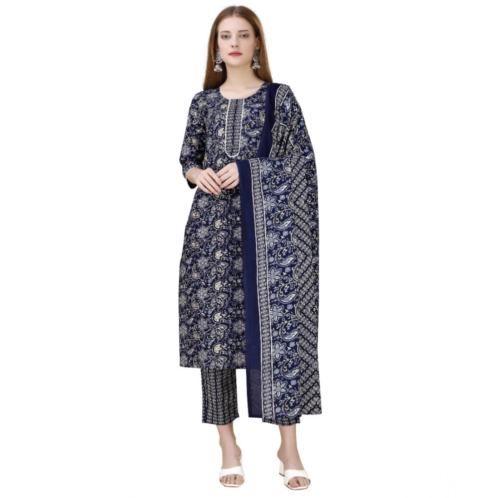 Amfyn Women's Cotton Blend Printed 3-4 th Sleeve Round Neck Kurti With Pant Dupatta Set (Navy Blue)