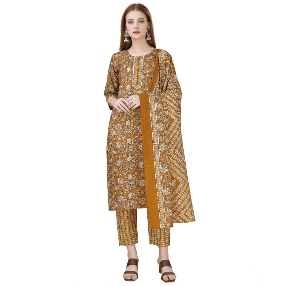 Amfyn Women's Cotton Blend Printed 3-4 th Sleeve Round Neck Kurti With Pant Dupatta Set (Yellow)