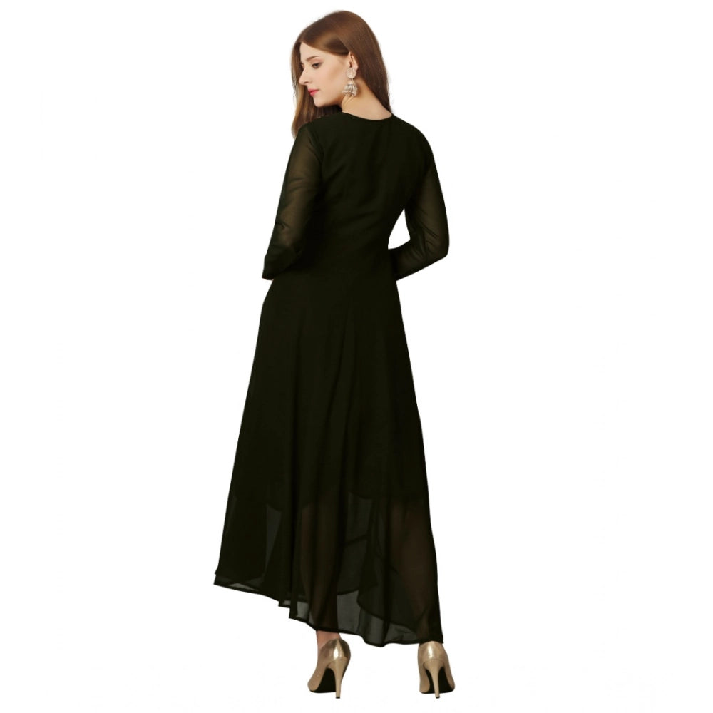 Amfyn Women's Georgette Embroidered Full Sleeve Round Neck Gown (Mehendi)