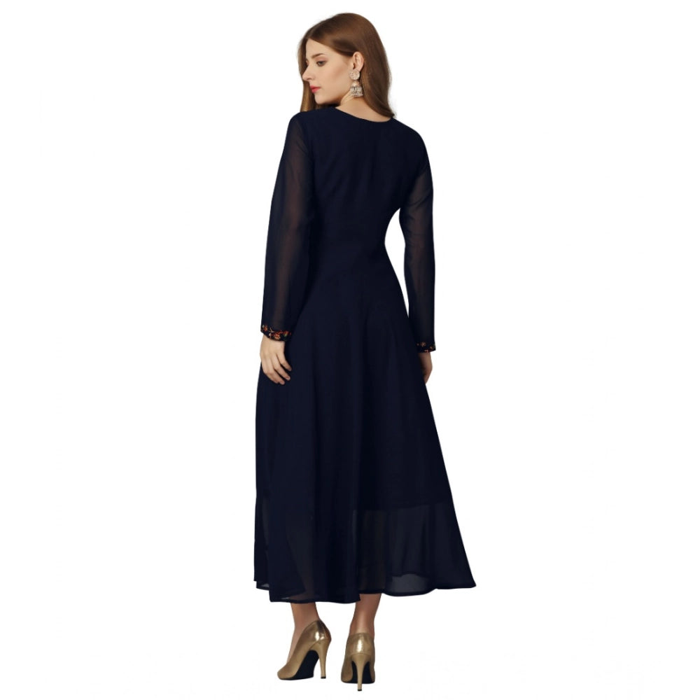 Amfyn Women's Georgette Embroidered Full Sleeve Round Neck Gown (Navy Blue )