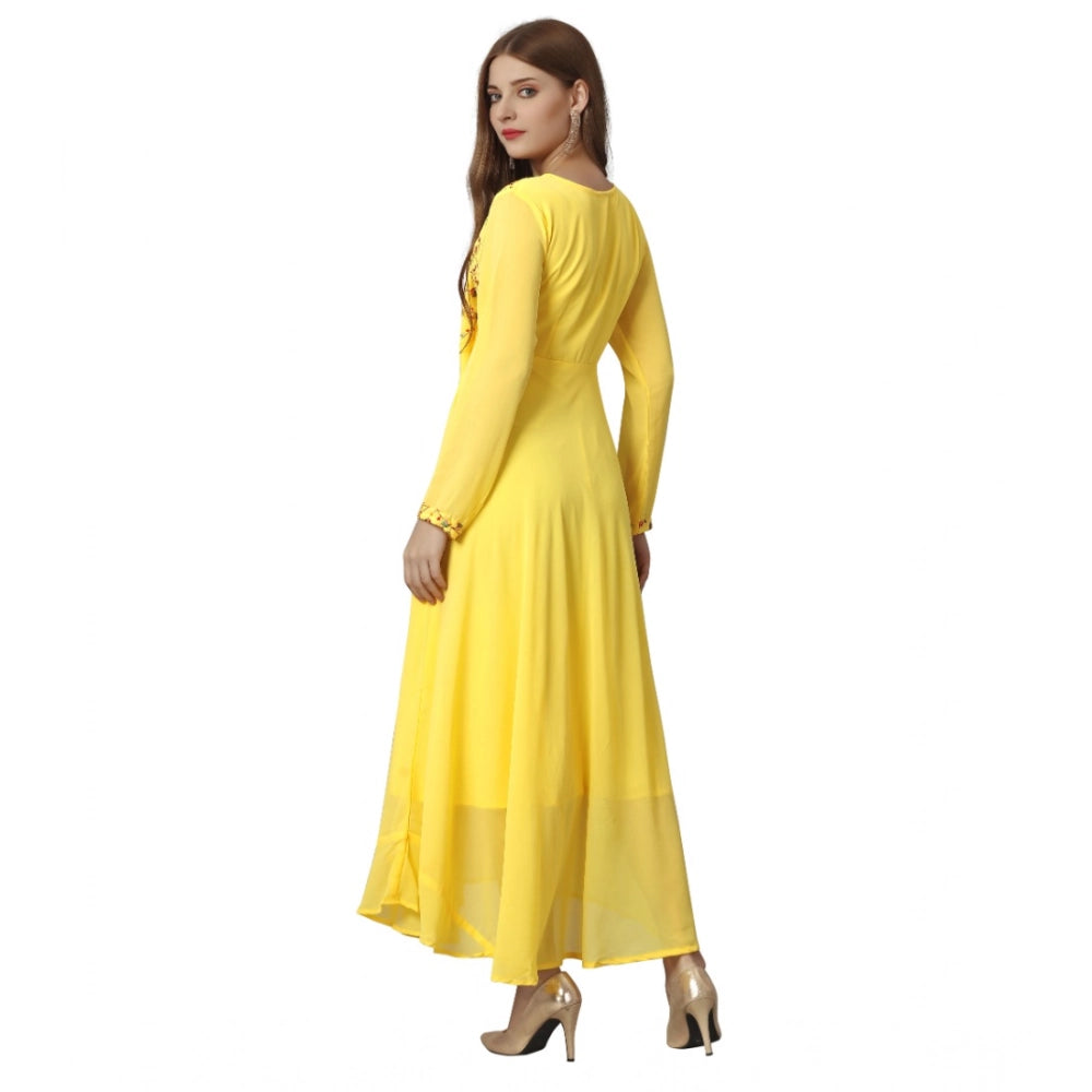 Amfyn Women's Georgette Embroidered Full Sleeve Round Neck Gown (Yellow )