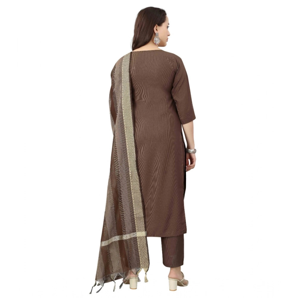 Amfyn Women's Cotton Blend Mirror Work 3-4 th Sleeve Sweetheart Neck Kurti With Pant Dupatta Set (Brown)