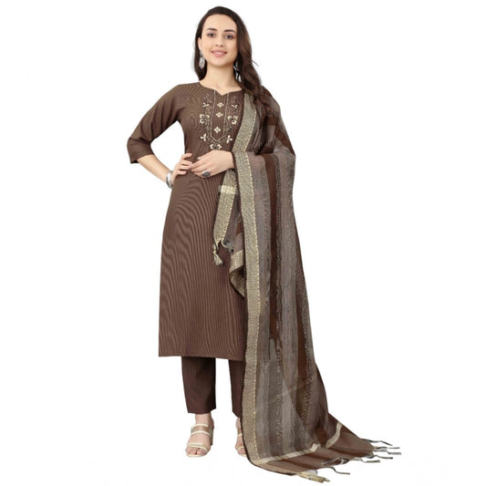 Amfyn Women's Cotton Blend Mirror Work 3-4 th Sleeve Sweetheart Neck Kurti With Pant Dupatta Set (Brown)