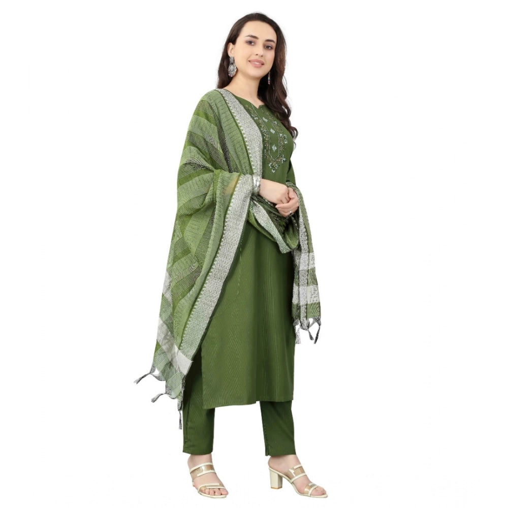 Amfyn Women's Cotton Blend Mirror Work 3-4 th Sleeve Sweetheart Neck Kurti With Pant Dupatta Set (Mehendi green)