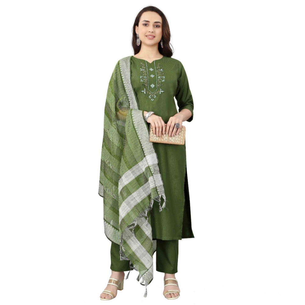 Amfyn Women's Cotton Blend Mirror Work 3-4 th Sleeve Sweetheart Neck Kurti With Pant Dupatta Set (Mehendi green)