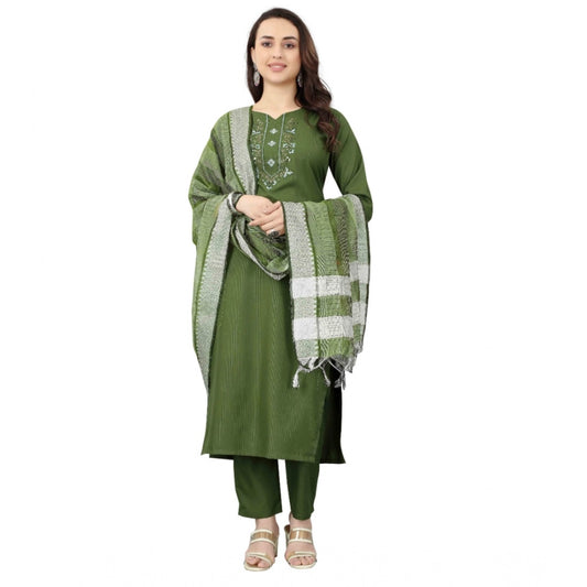 Amfyn Women's Cotton Blend Mirror Work 3-4 th Sleeve Sweetheart Neck Kurti With Pant Dupatta Set (Mehendi green)
